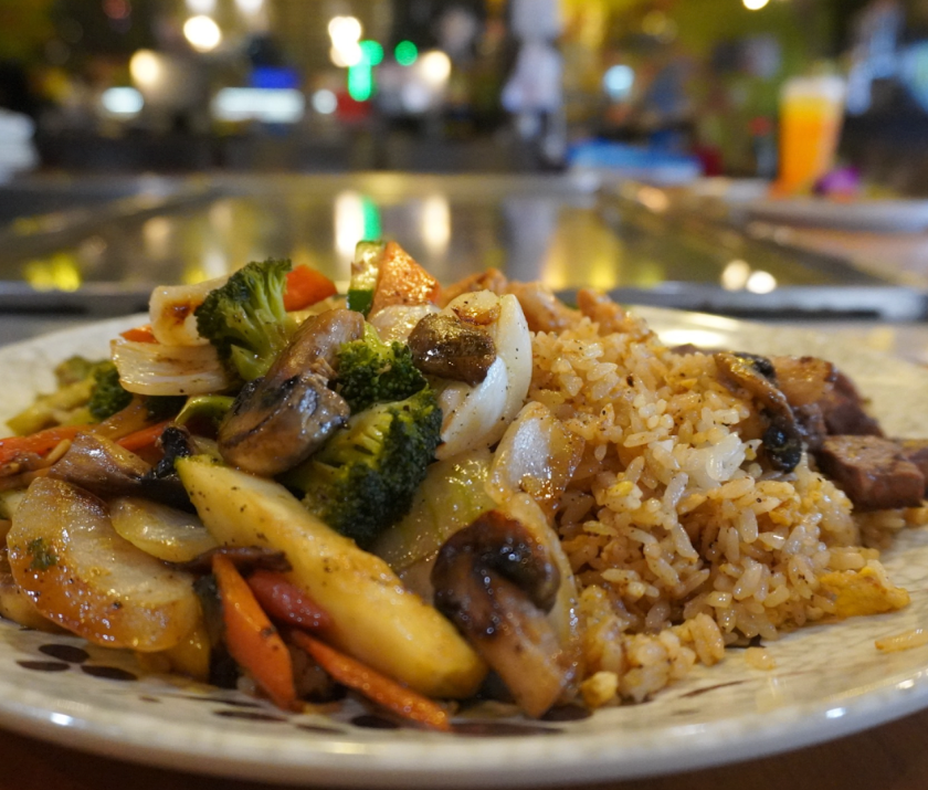 Hibachi rice and vegetables photographed inside Volcano